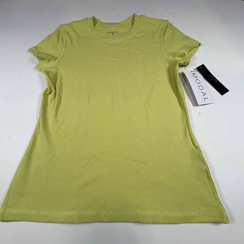 Tahari Modal Celery Light Lime Green Ribbed Short Sleeve T Shirt Top Tee S